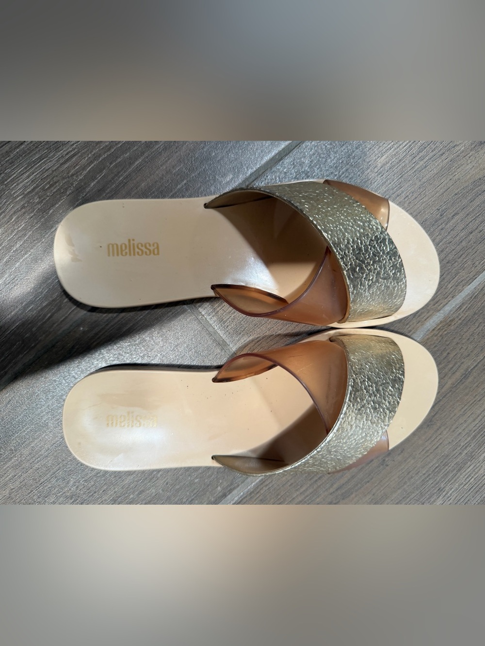 Melissa Gold Slide Sandals with Translucent Brown sz 5